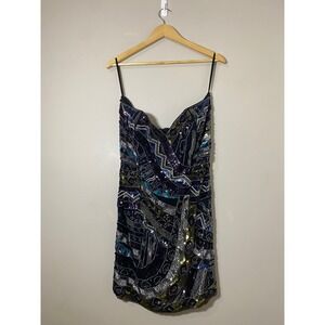 Art Deco Beaded Mini Dress‎ Black Teal Geometric Size 12 EUC French Connection